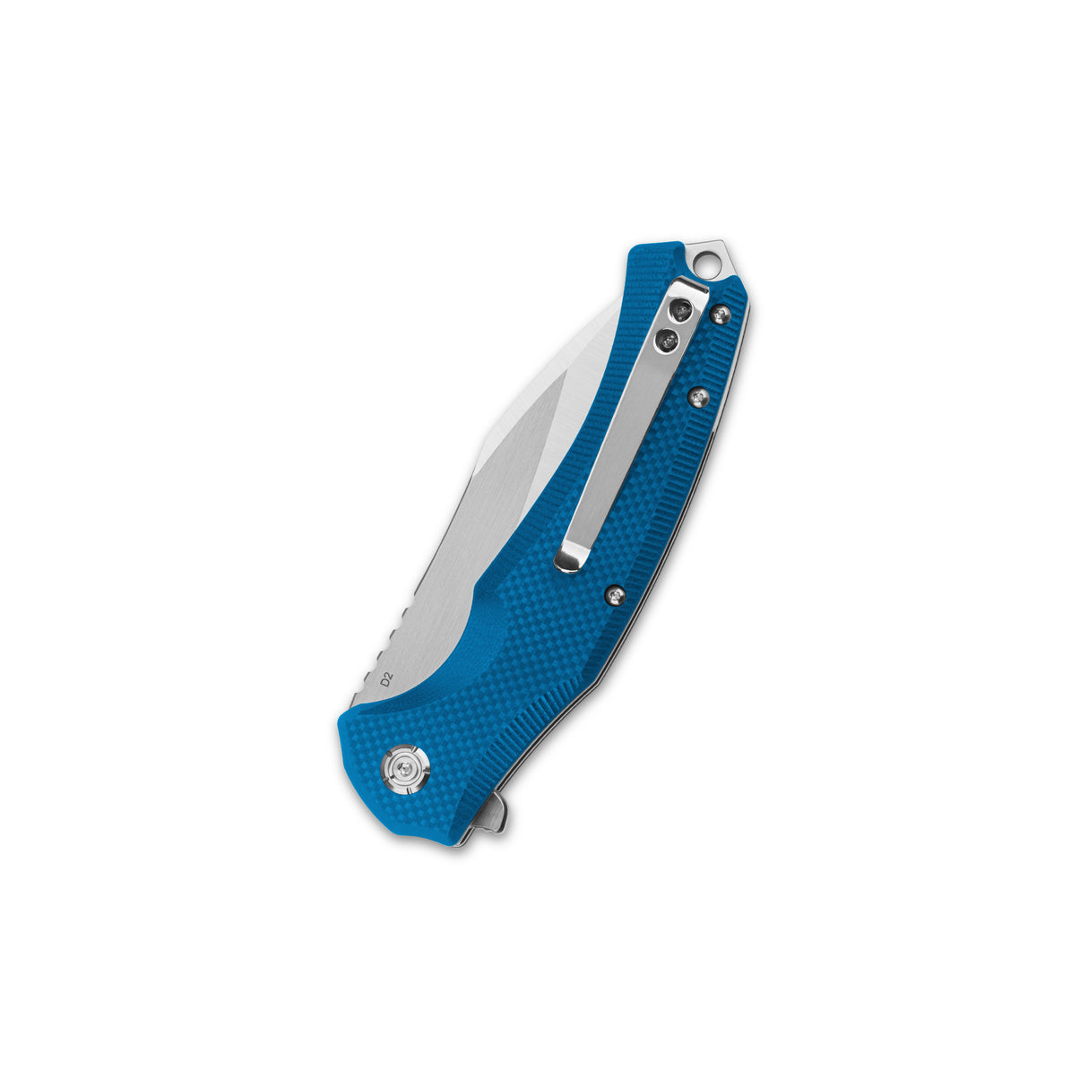 Closed QSP Snipe pocket knife with blue G10 handle and D2 blade.