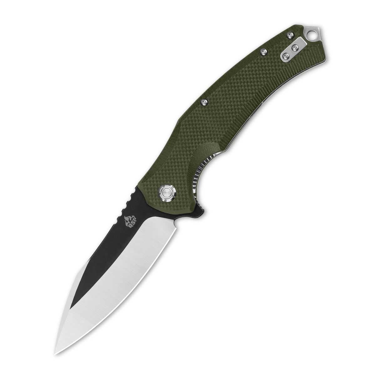 QSP Snipe pocket knife with green G10 handle and D2 blade, liner lock mechanism.