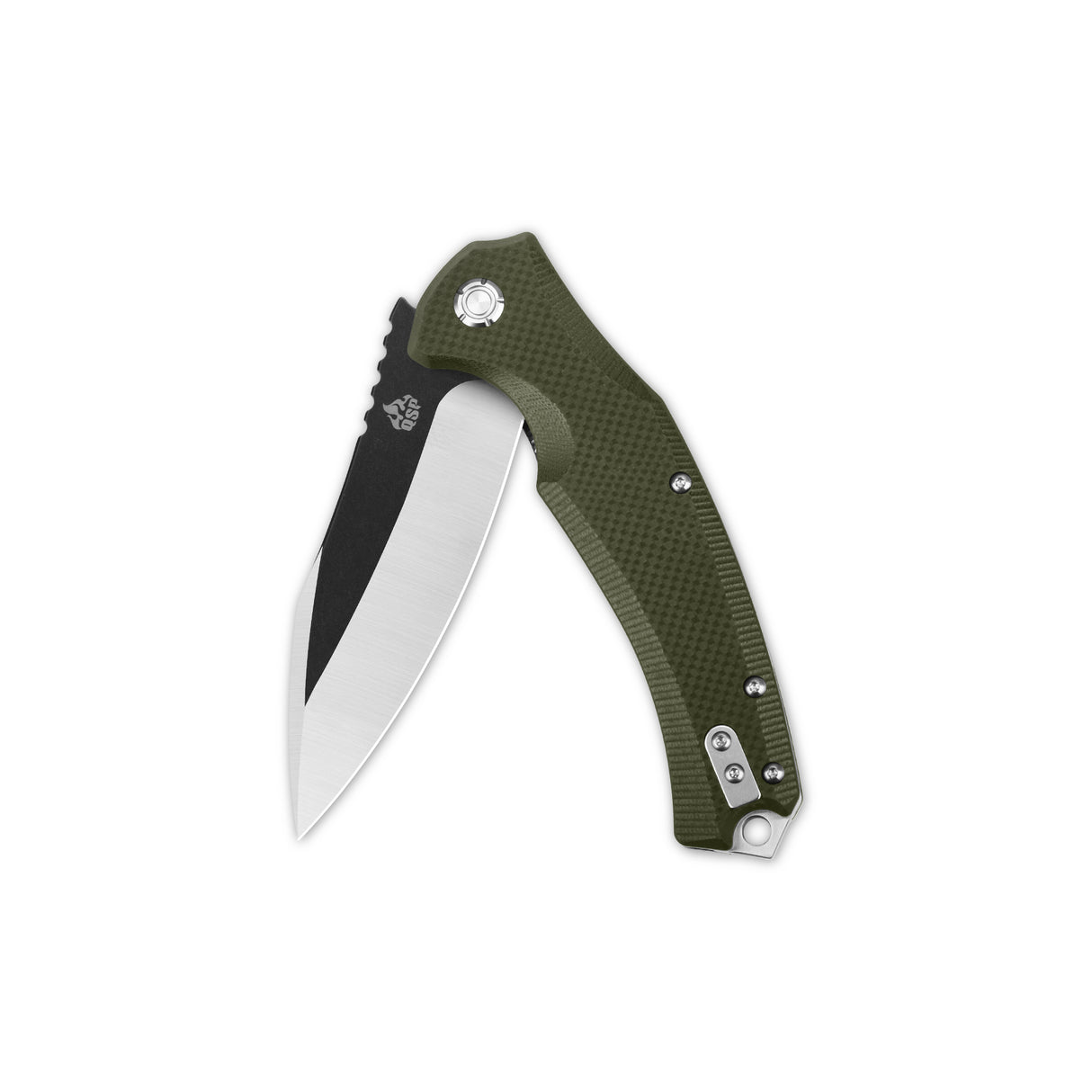 QSP Snipe Liner Lock Pocket Knife with textured green G10 handle and D2 blade.