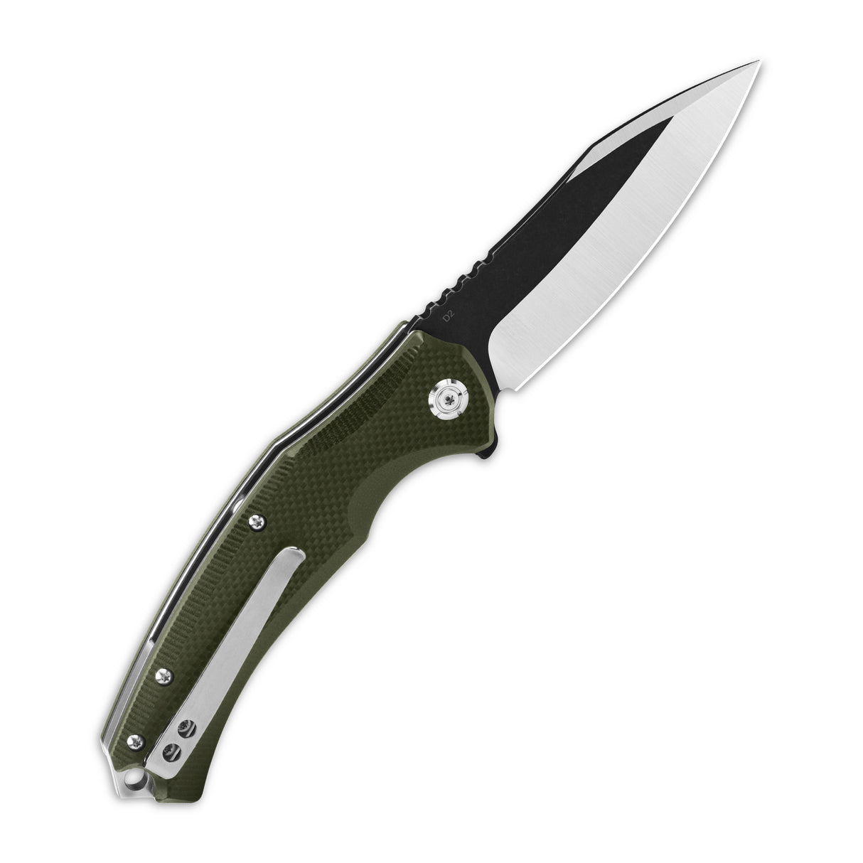 QSP Snipe pocket knife with textured green G10 handle and polished D2 blade.