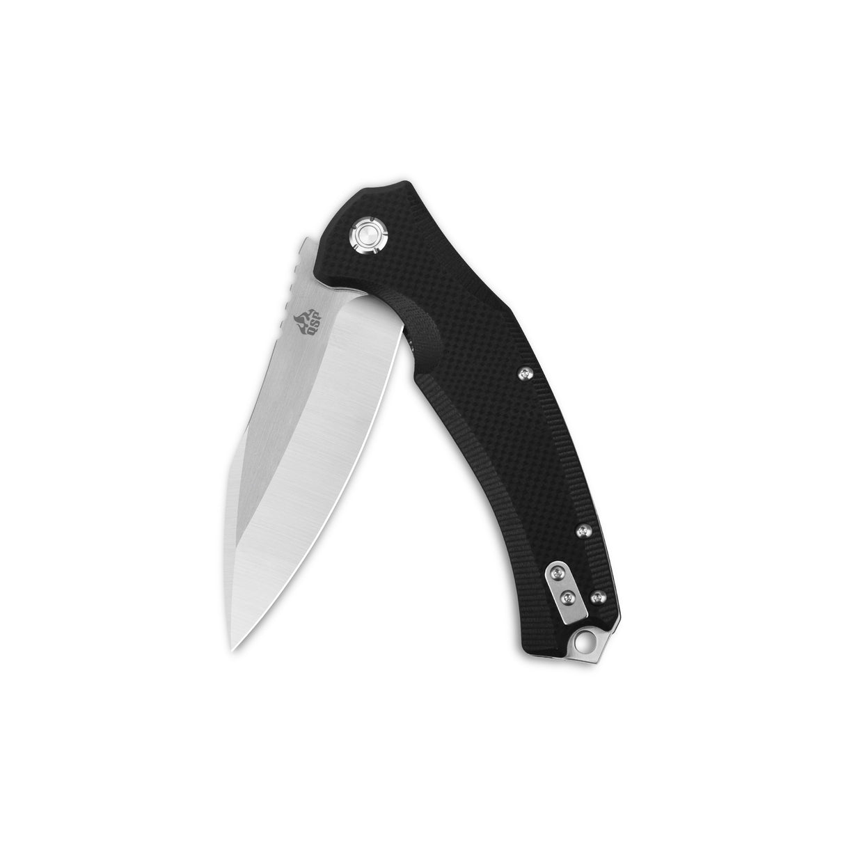 QSP Snipe Pocket Knife with textured black G10 handle and polished D2 blade.