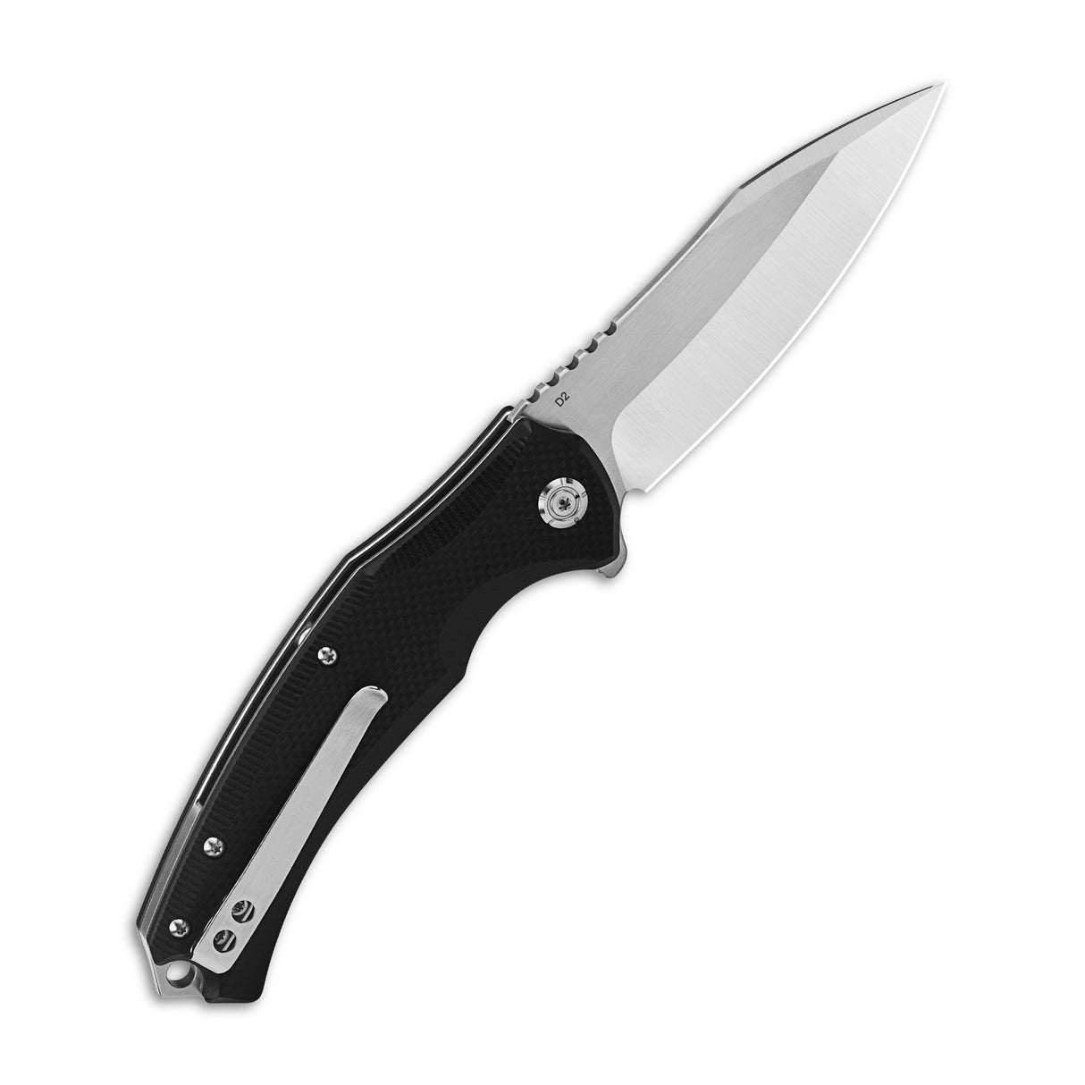 QSP Snipe Liner Lock Pocket Knife with smooth black G10 handle and shiny D2 blade.