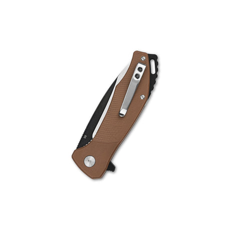 Closed QSP Raven pocket knife with D2 blade and brown G10 handle
