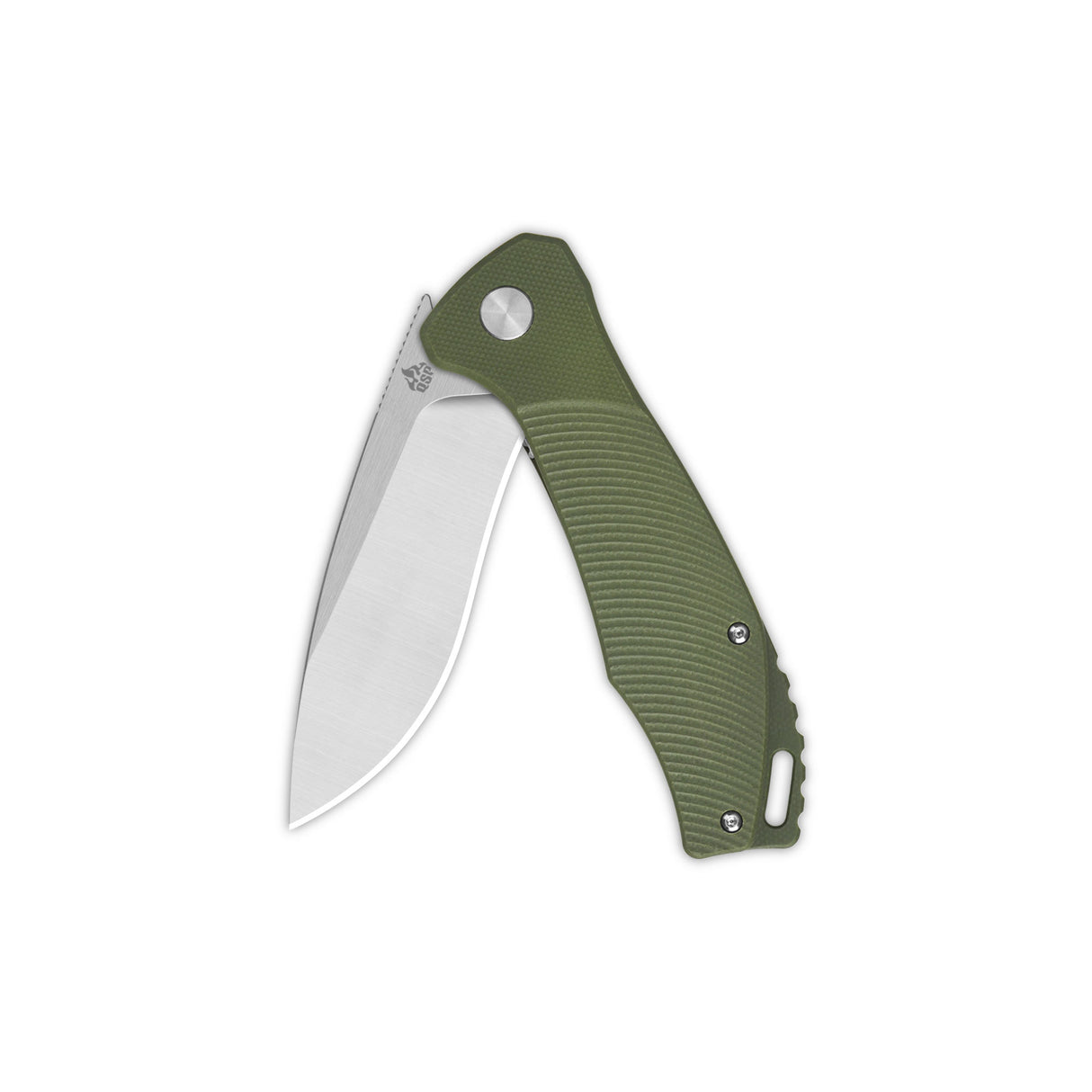 QSP Raven pocket knife open, featuring green G10 handle and D2 steel blade