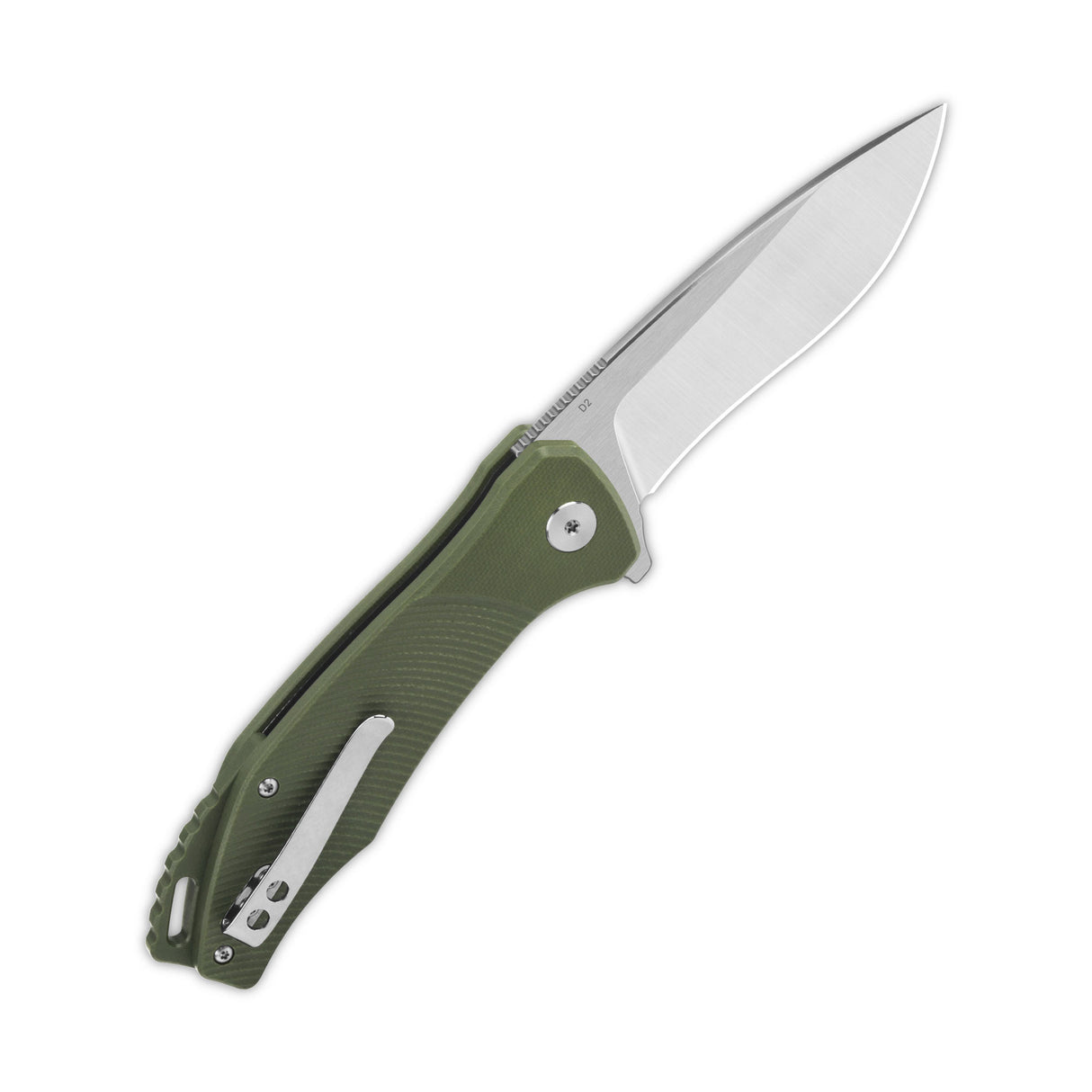 Partially open QSP Raven pocket knife with D2 blade and green G10 handle.
