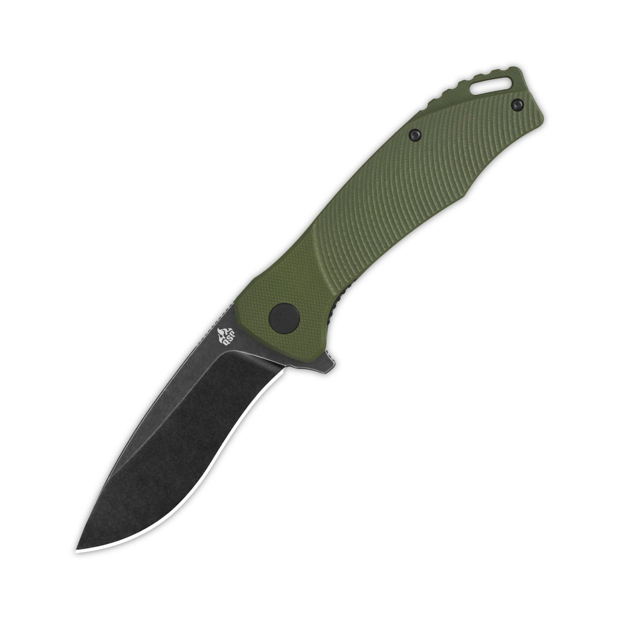 Open QSP Raven pocket knife featuring green G10 handle and black D2 drop point blade.