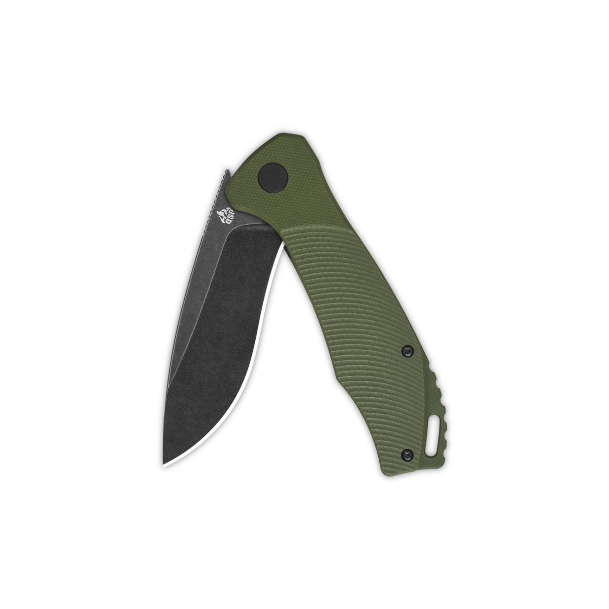 QSP Raven pocket knife closed with green G10 handle and black D2 drop point blade