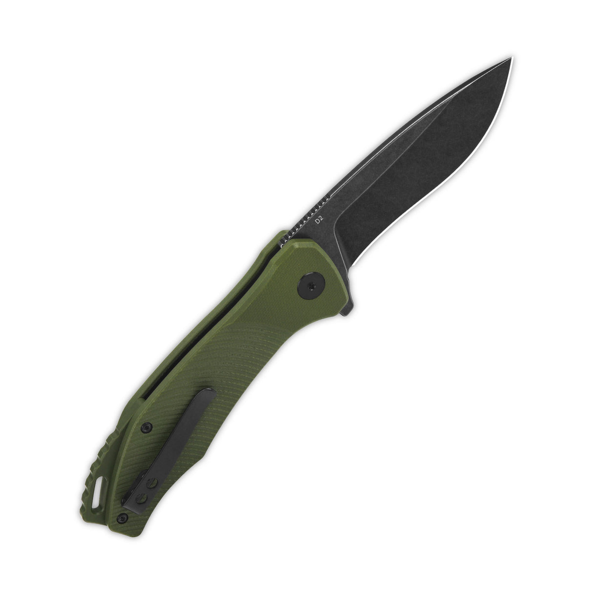 QSP Raven pocket knife with green G10 handle and black D2 drop point blade, open position