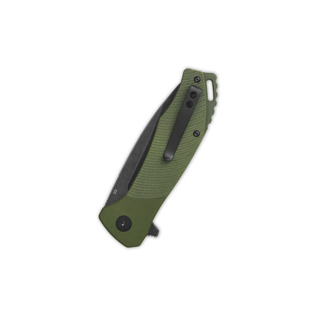 Closed QSP Raven pocket knife with textured green G10 handle and D2 blade