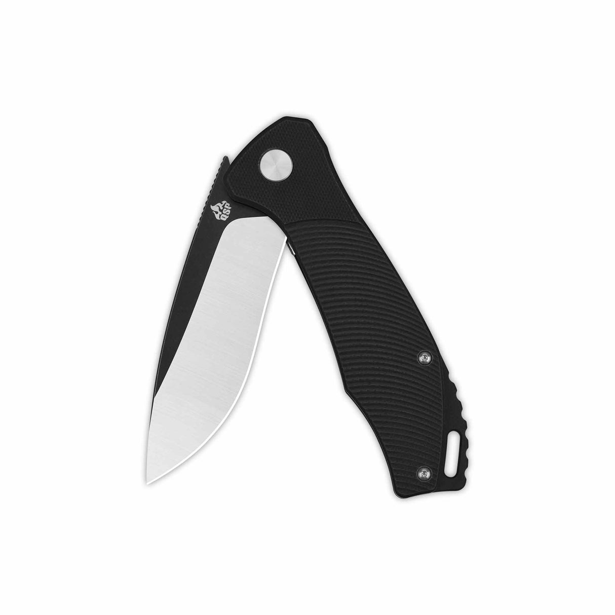 QSP Raven pocket knife with polished D2 blade and textured black G10 handle.