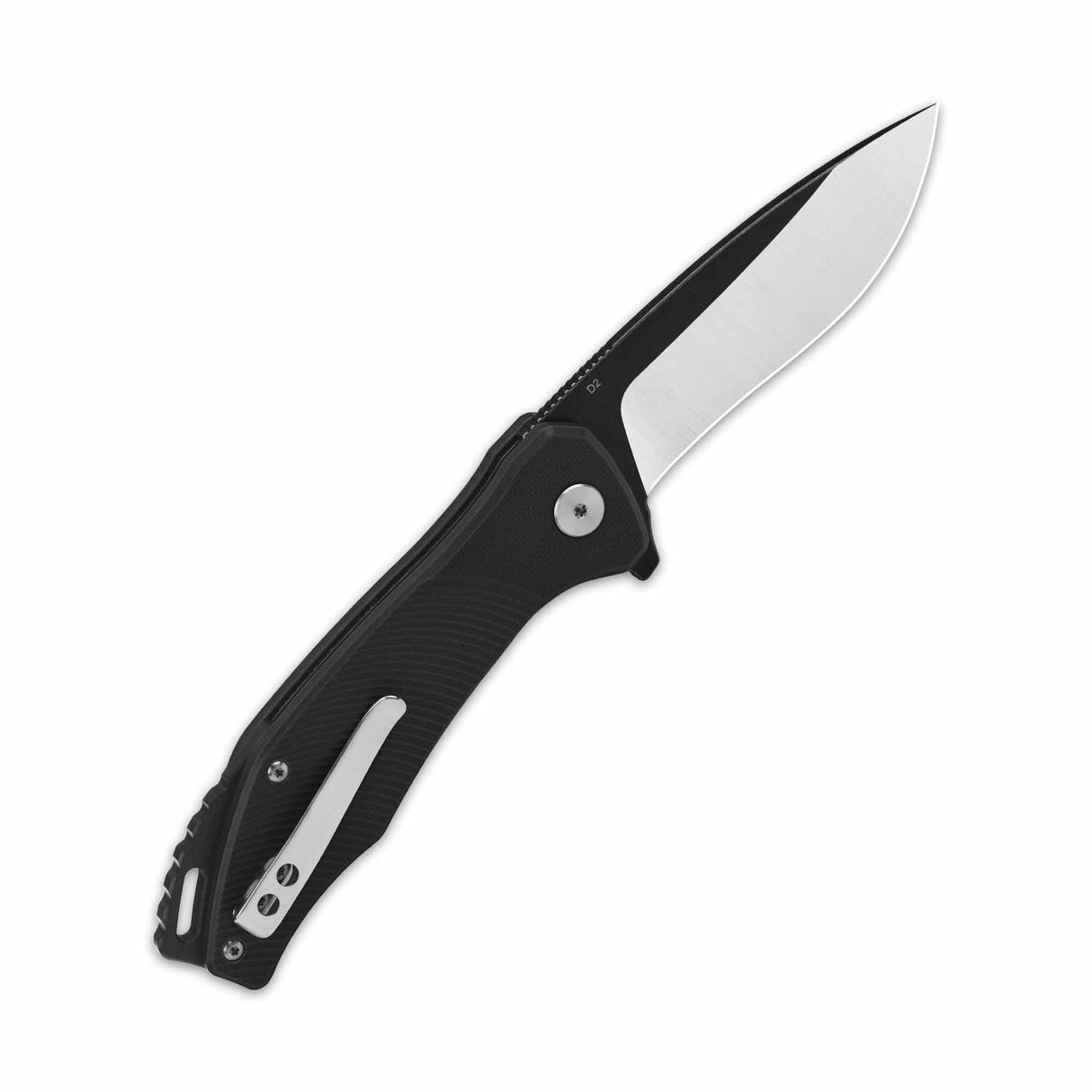 QSP Raven pocket knife featuring a sleek D2 blade and textured black G10 handle