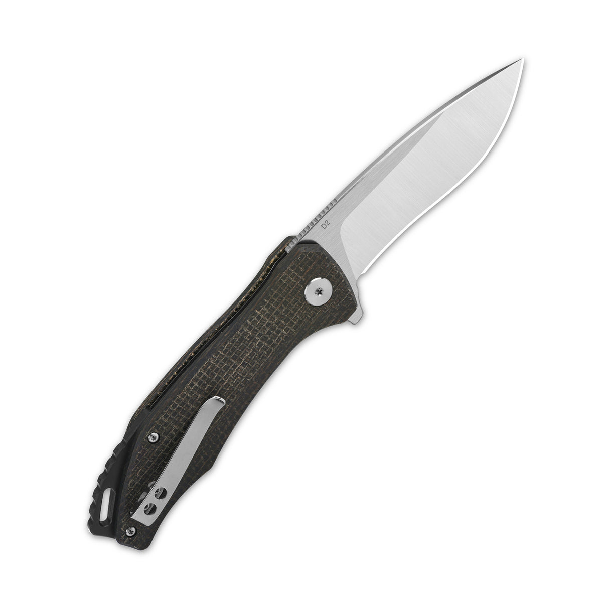 QSP Raven pocket knife D2 blade with textured dark brown micarta handle.