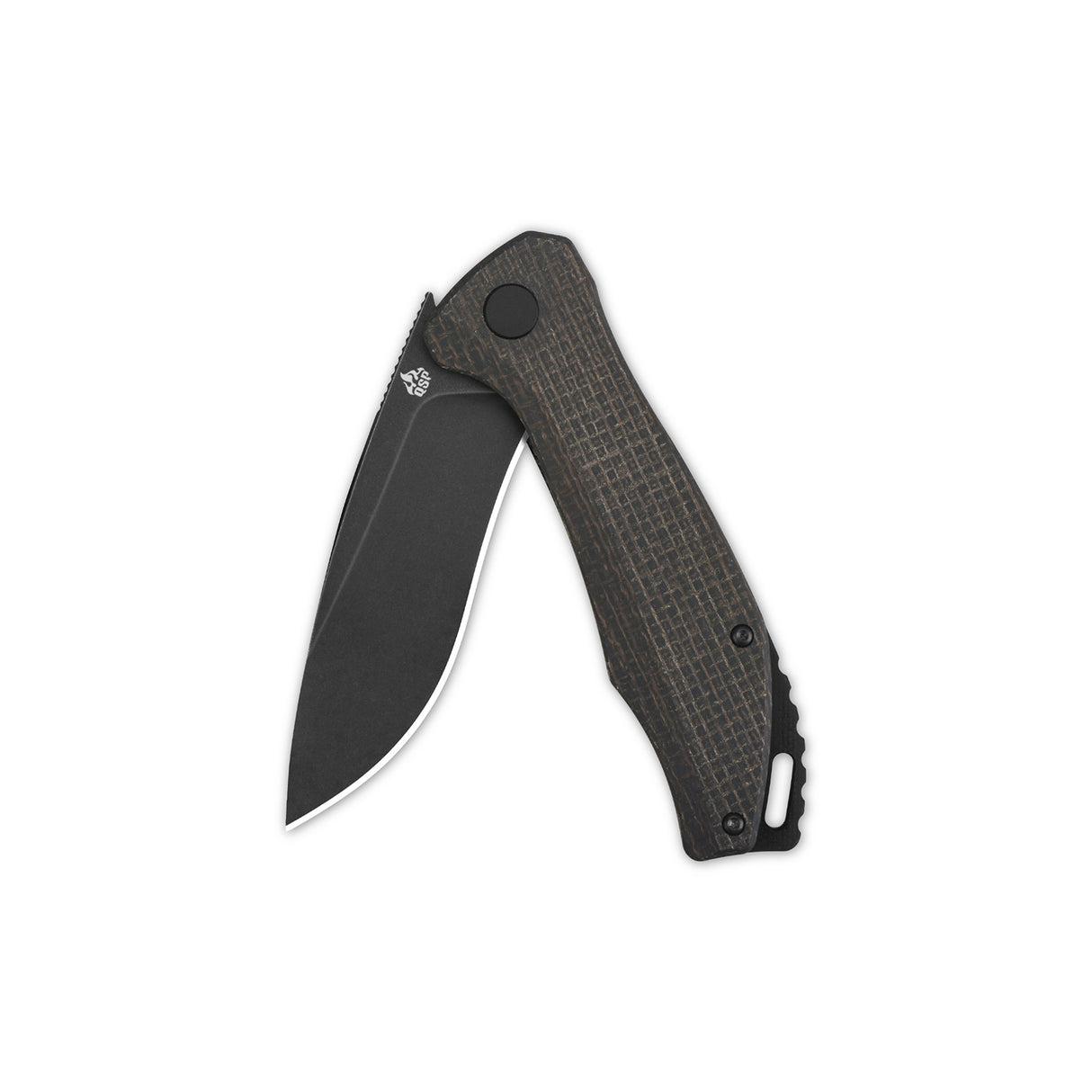 QSP Raven pocket knife with D2 blade and dark brown Micarta handle partially opened