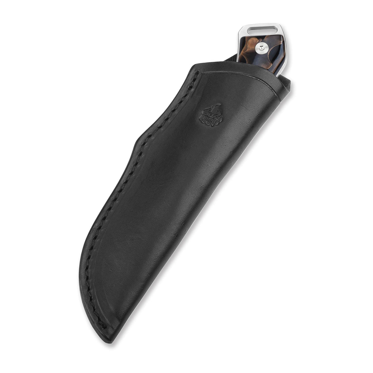 Black leather sheath for QSP Workaholic fixed blade knife with logo