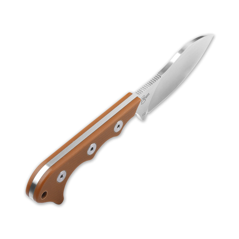 QSP Neckmuk fixed blade knife with brown G10 handle and D2 satin drop point blade