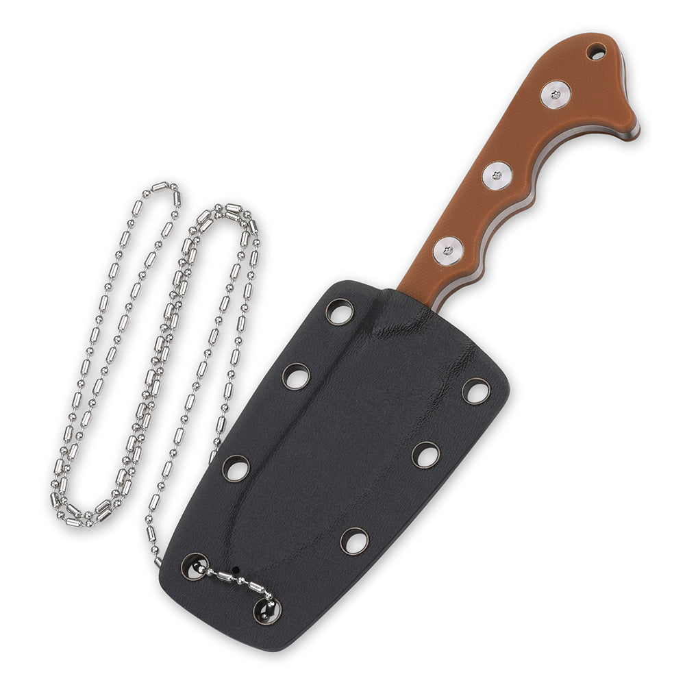 QSP Neckmuk neck knife in Kydex sheath with chain and brown G10 handle.