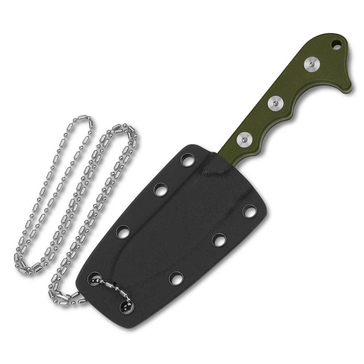 QSP Neckmuk neck knife featuring olive green G10 handle and black Kydex sheath.