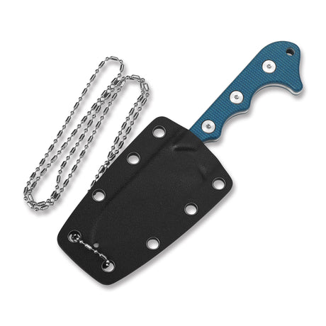 QSP Neckmuk fixed blade knife with blue Micarta handle and Kydex sheath