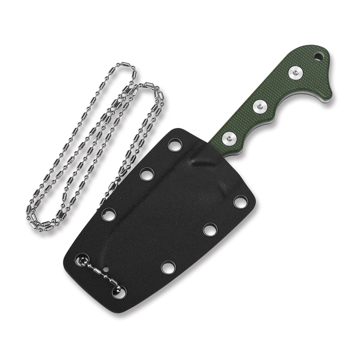 Kydex sheath for QSP Neckmuk knife with green Micarta handle and chain attachment
