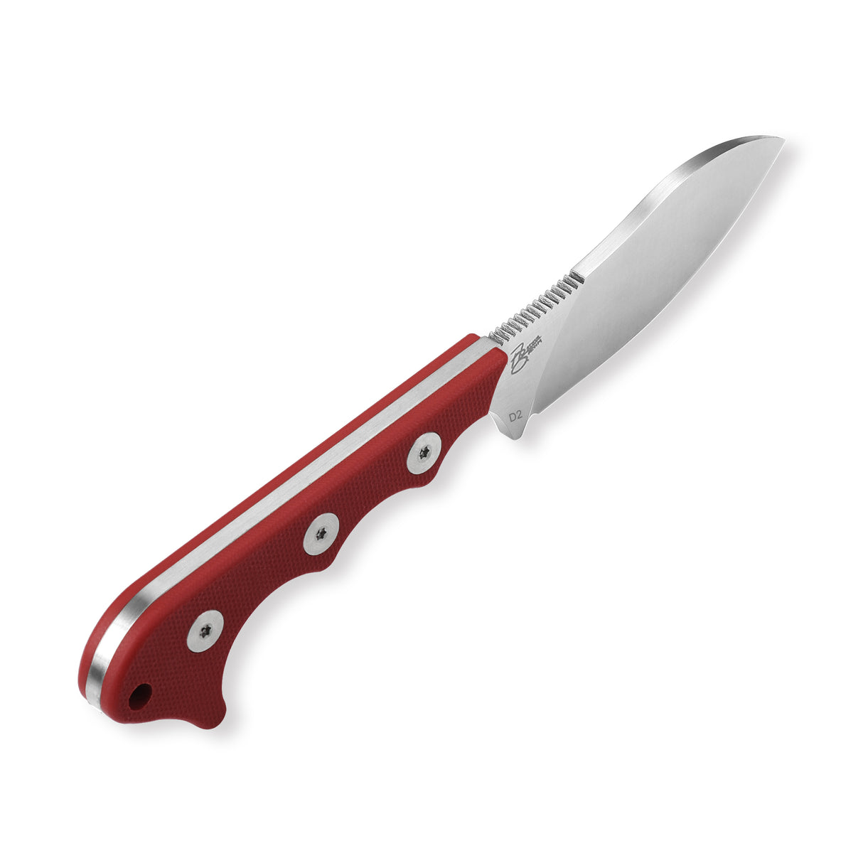 QSP Neckmuk neck knife with red G10 handle and D2 satin drop point blade