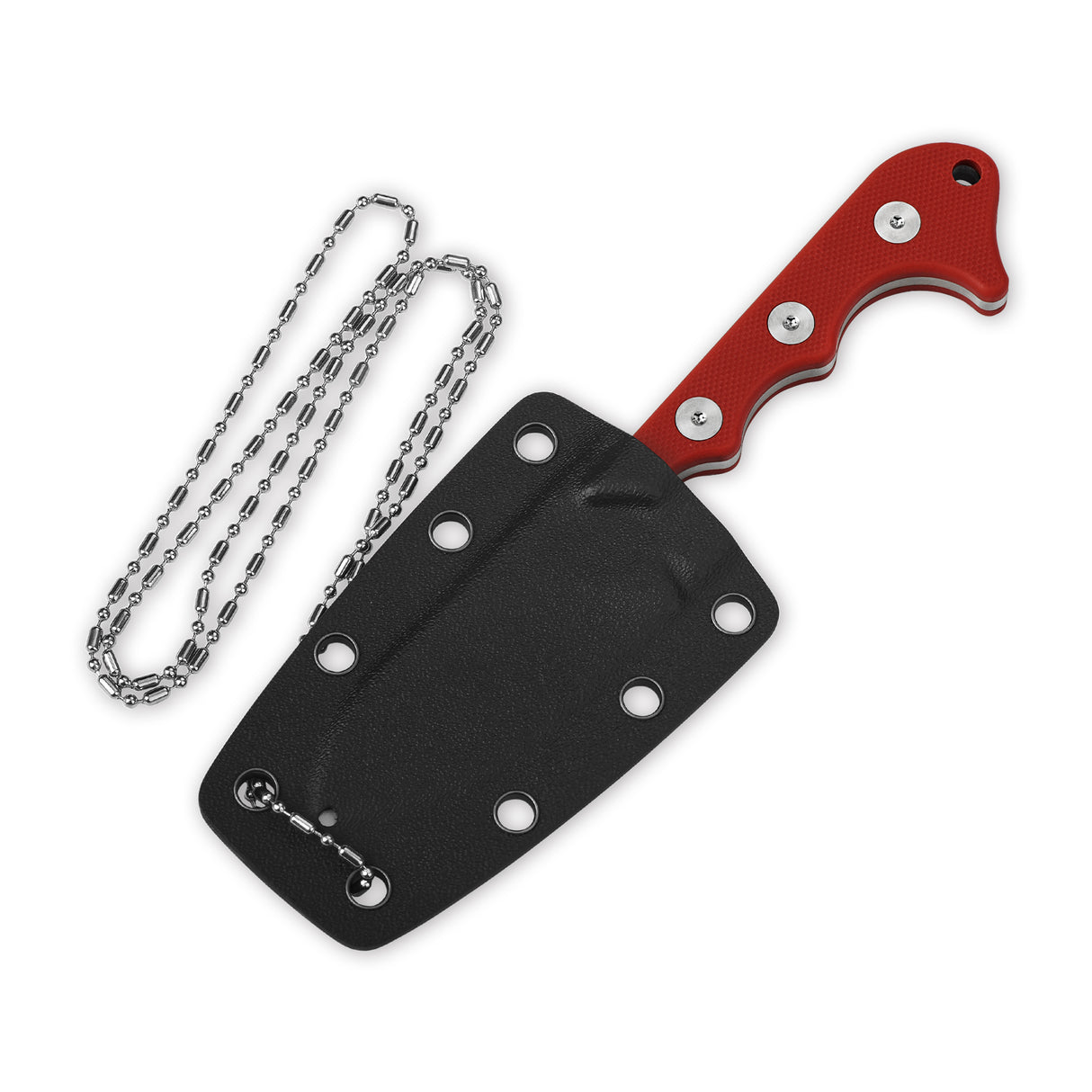 QSP Neckmuk neck knife with red G10 handle and Kydex sheath with chain.
