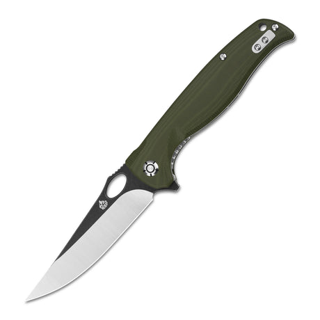 QSP Gavial pocket knife with green G10 handle and D2 clip point blade.