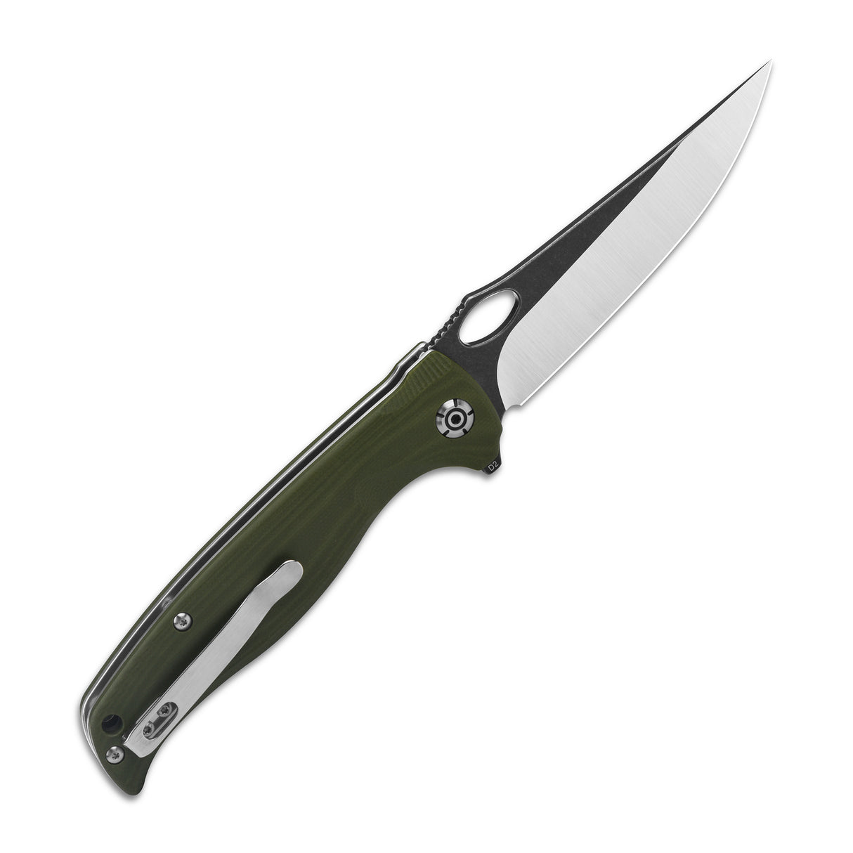 QSP Gavial pocket knife with green G10 handle and D2 blade, liner lock mechanism.