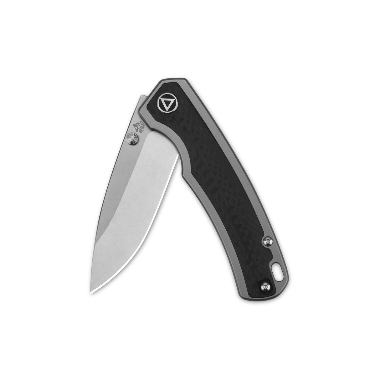 Closed QSP Puffin pocket knife with titanium and carbon fiber handle.