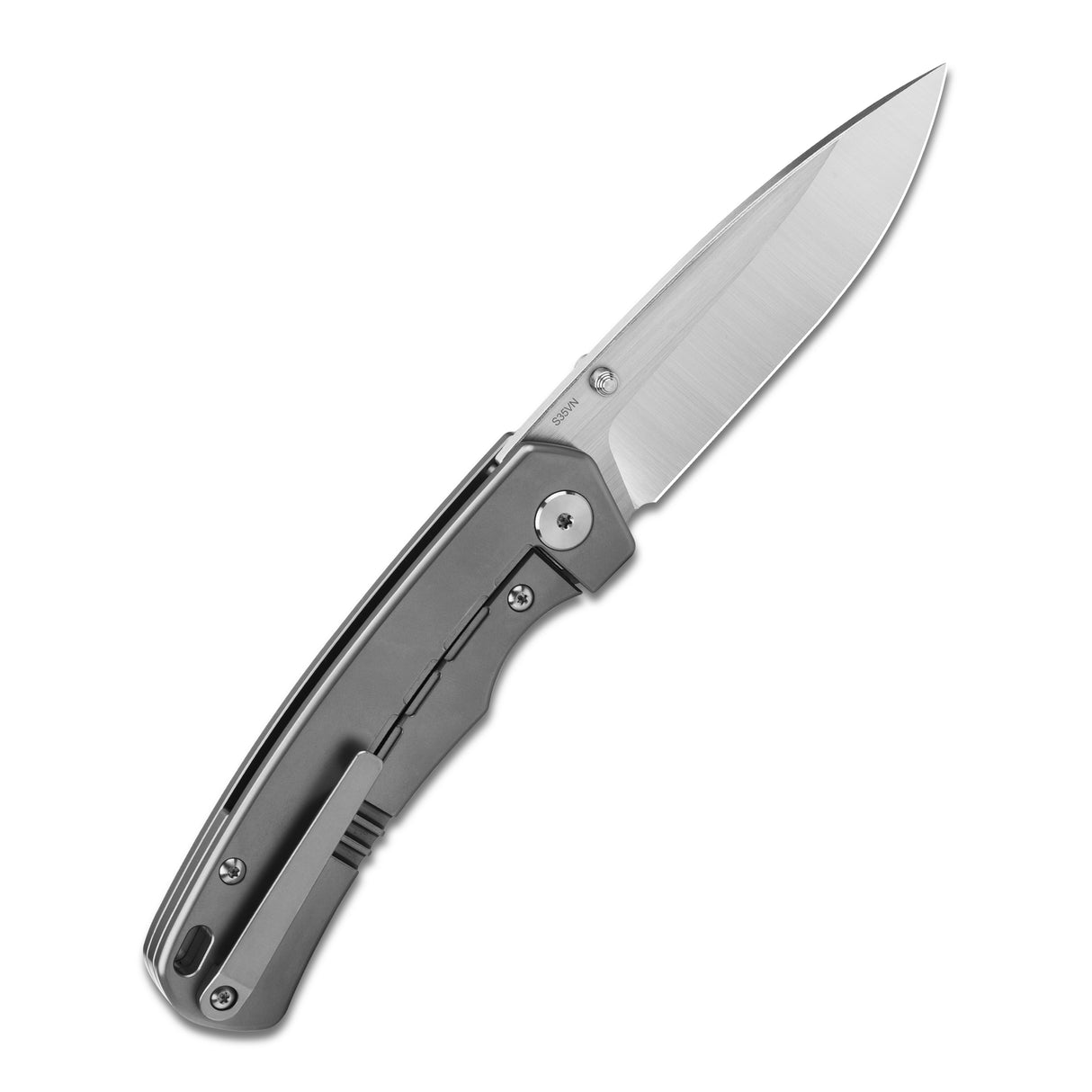 QSP Puffin pocket knife with titanium handle and shiny CPM S35VN blade, open position.