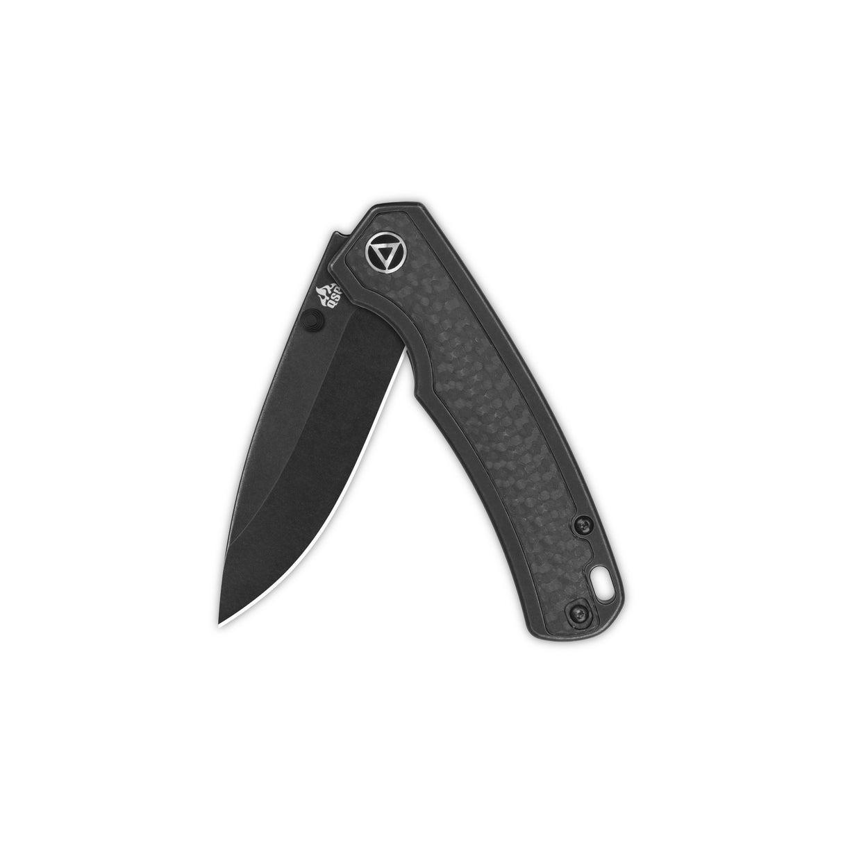 QSP Puffin pocket knife closed with black CPM S35VN blade and carbon fiber handle.