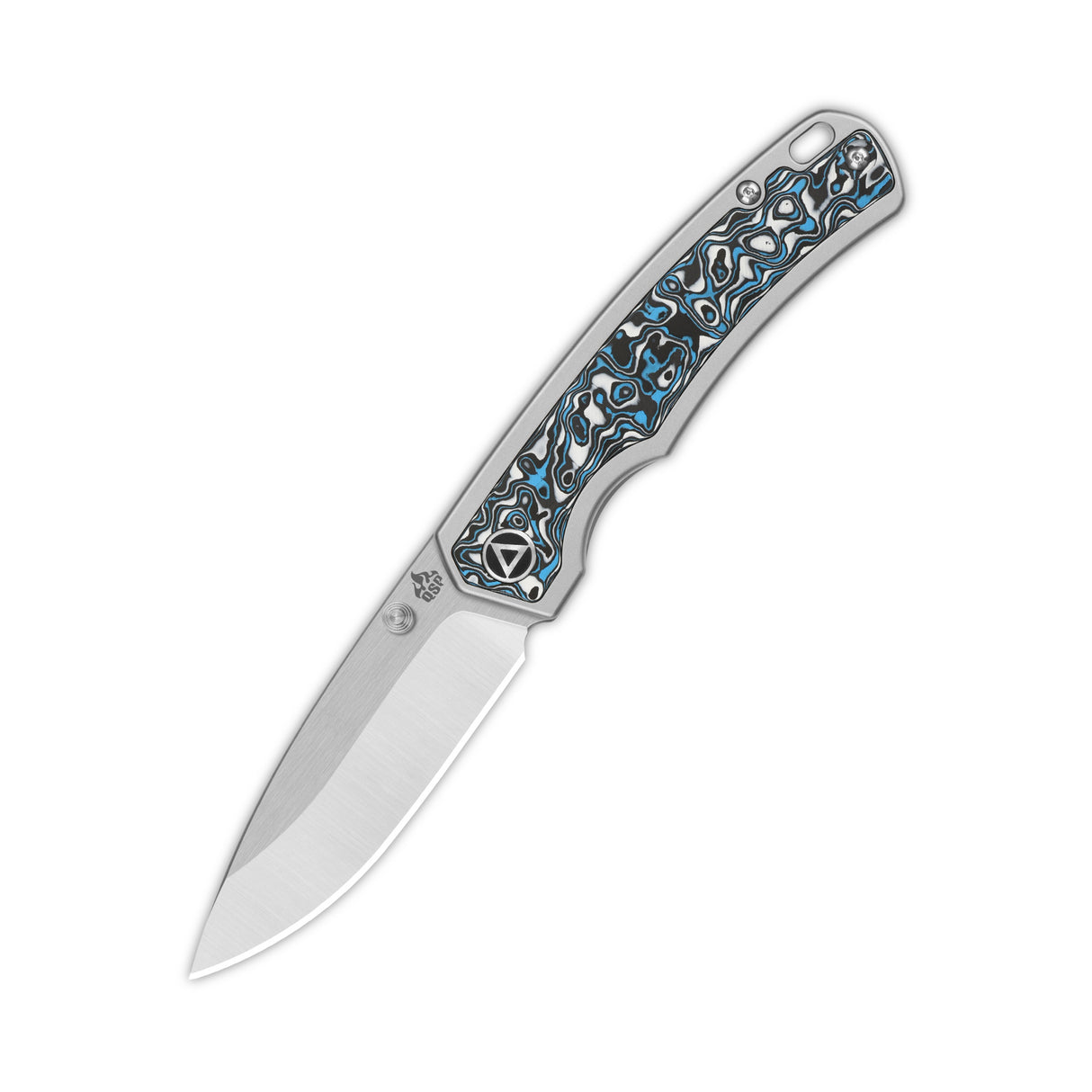 QSP Puffin pocket knife with blue camo carbon fiber handle and CPM S35VN blade