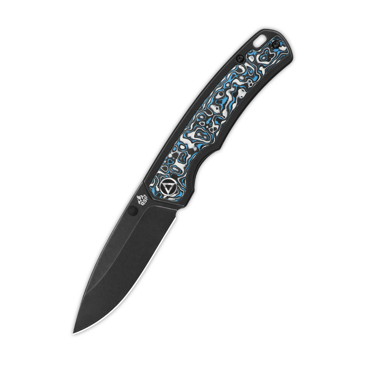 QSP Puffin pocket knife with black blade and vibrant blue camo carbon fiber handle