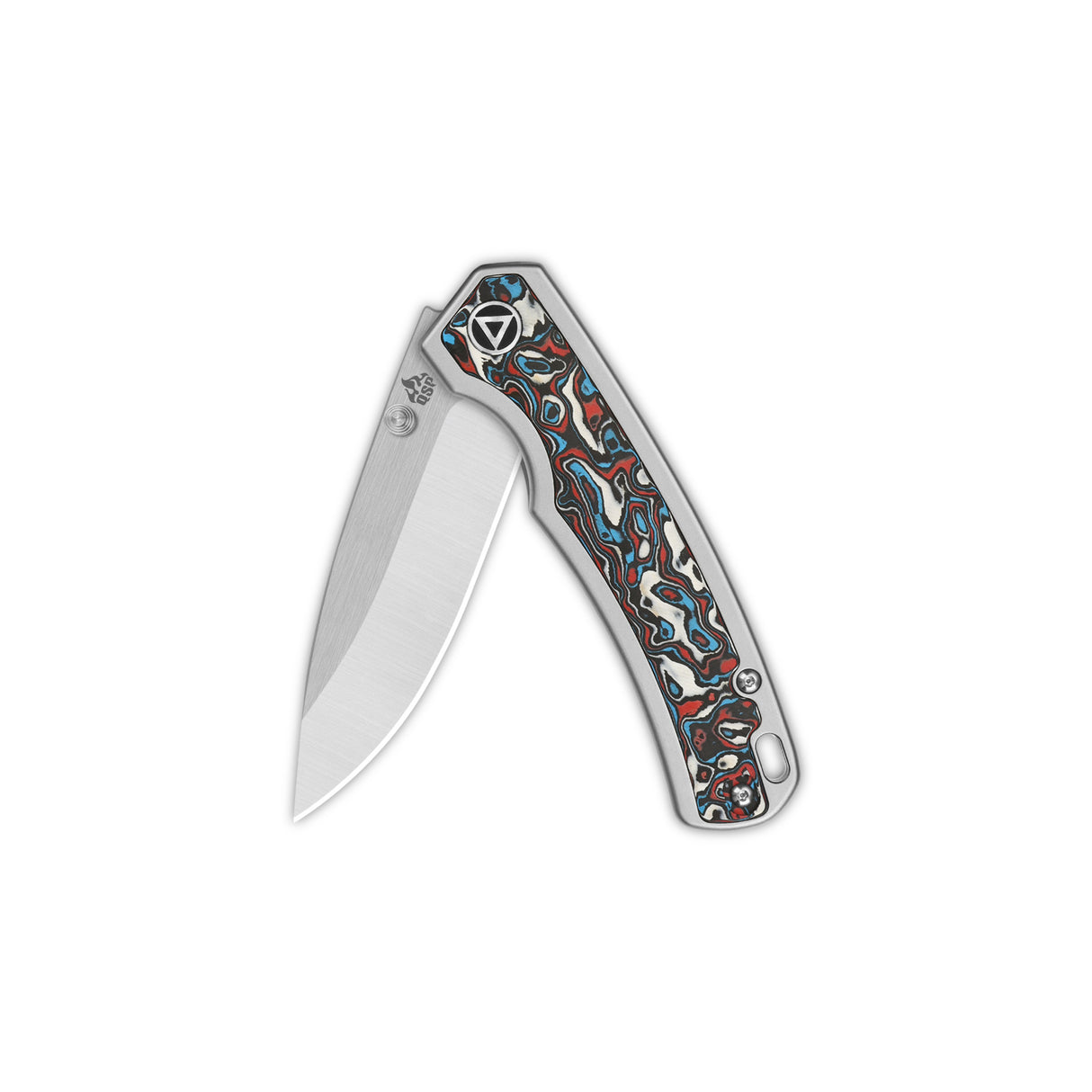 QSP Puffin pocket knife showcasing titanium handle with vibrant camo design