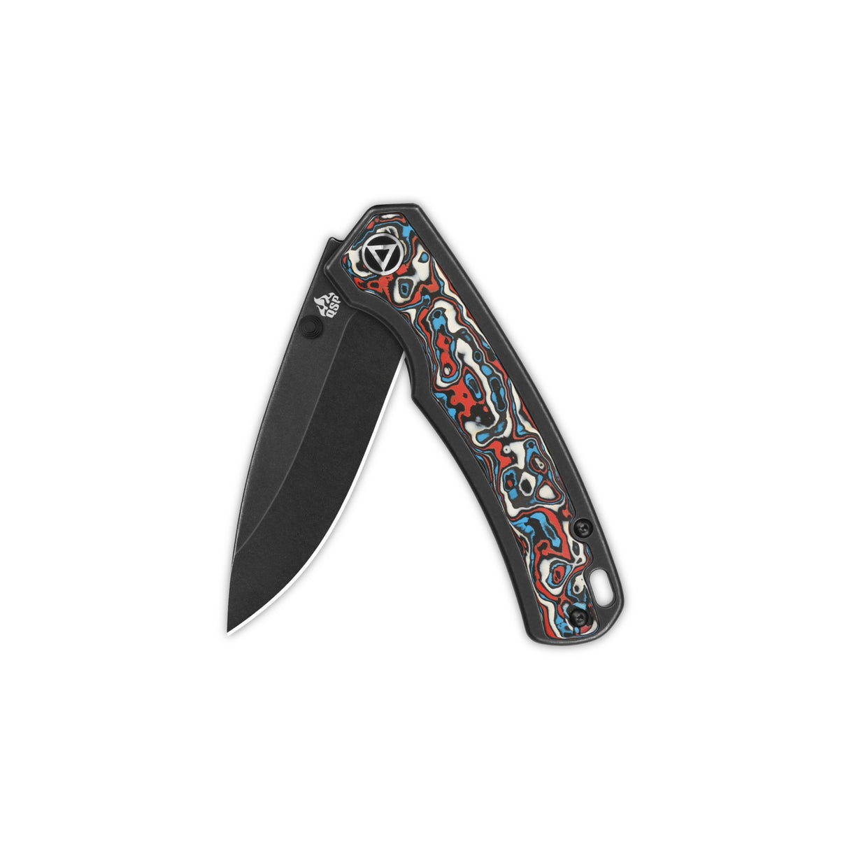QSP Puffin pocket knife with black drop point blade and colorful camo patterned handle.