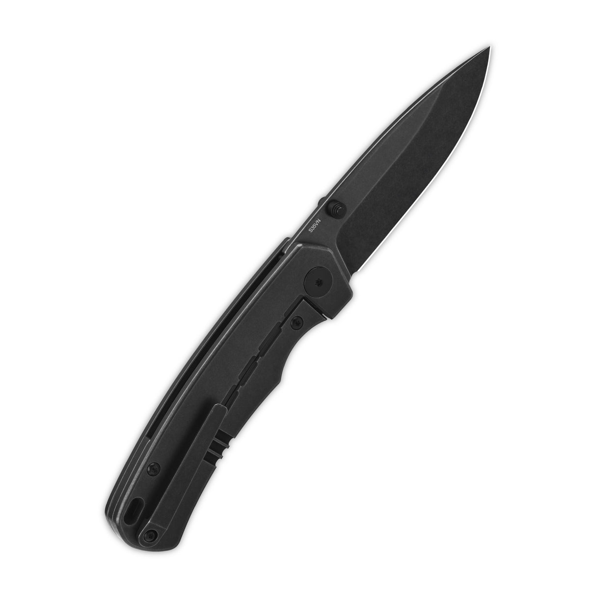 QSP Puffin pocket knife with black blade and titanium handle displayed open