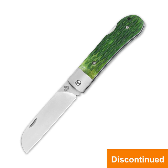 QSP knife with green handle, discontinued model with satin finish blade