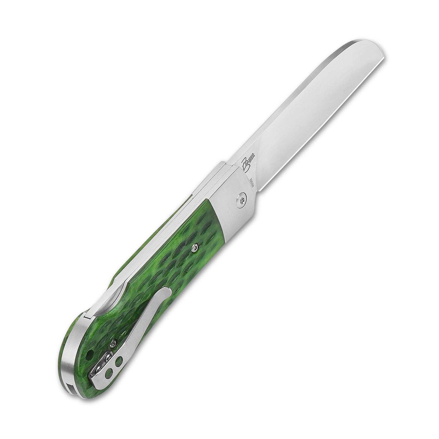 QSP Worker Lock Back Pocket Knife with bright green handle and polished blade.