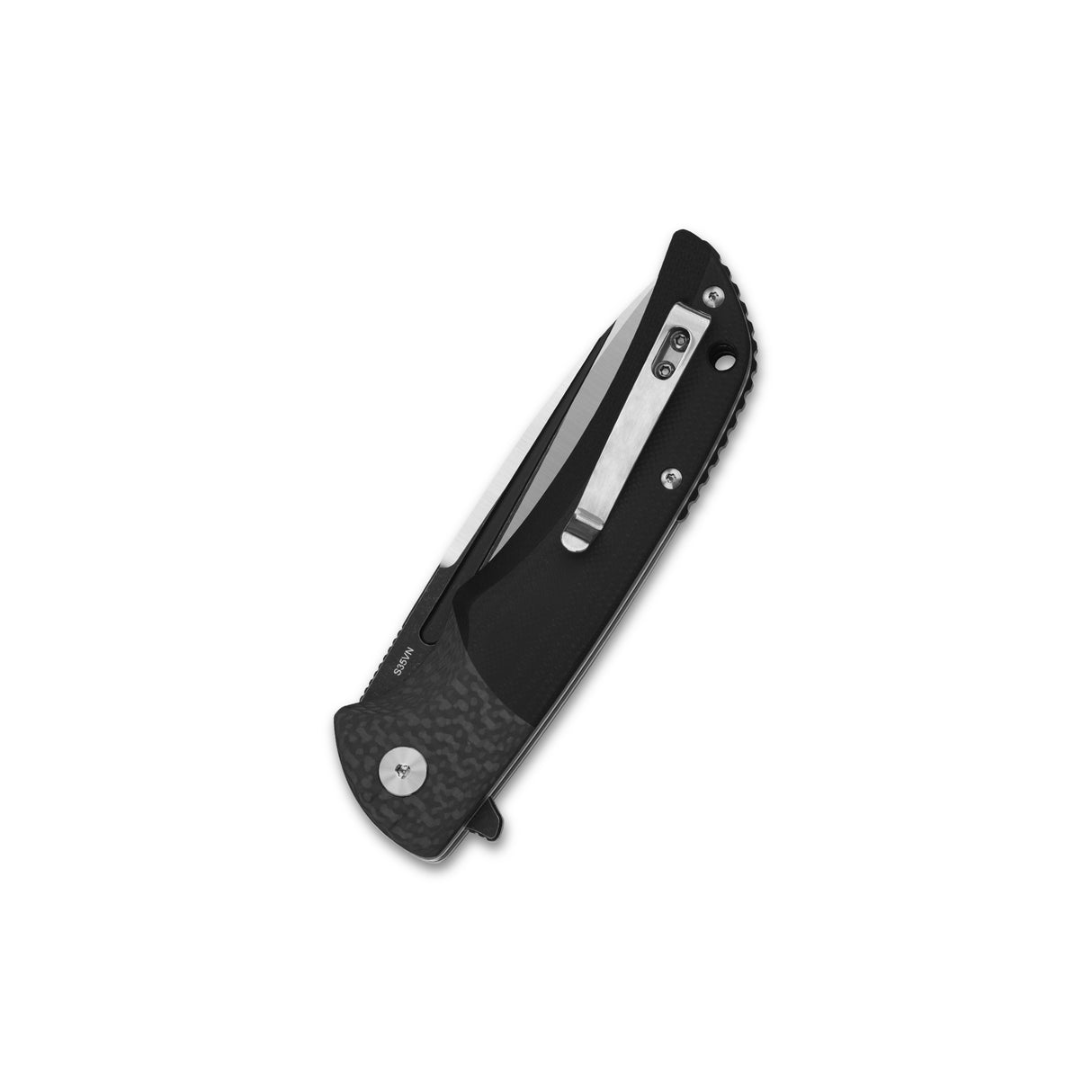 QSP Harpyie pocket knife with closed carbon fiber handle and deep carry clip