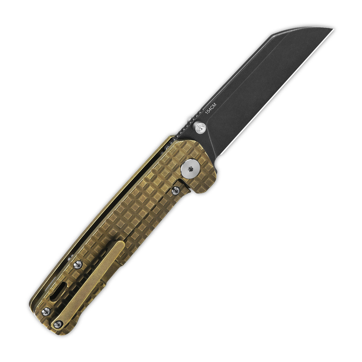 QSP Penguin pocket knife with black 154CM blade and embossed bronze titanium handle.