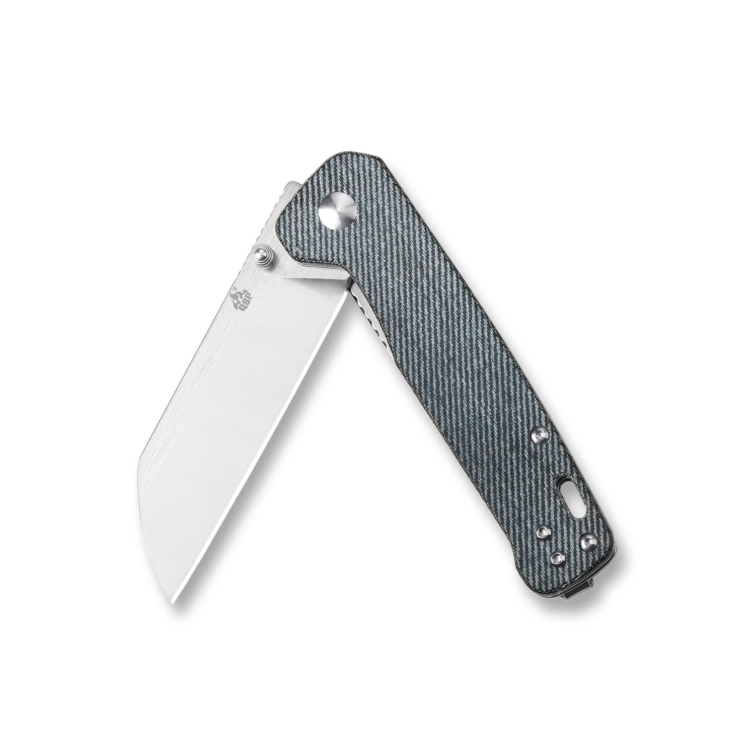 QSP Penguin pocket knife with D2 blade and denim Micarta handle in open position