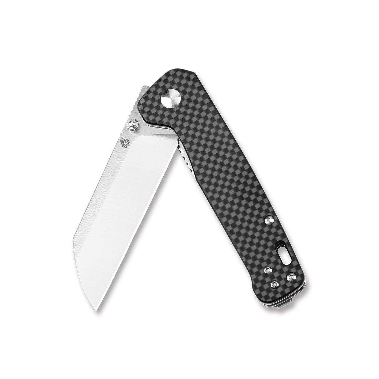 Open QSP Penguin pocket knife showcasing D2 blade and G10 carbon fiber overlay handle