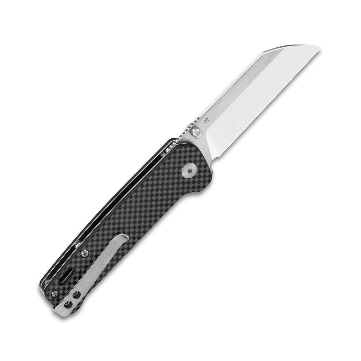 QSP Penguin pocket knife with D2 blade extended and G10 carbon fiber grip.