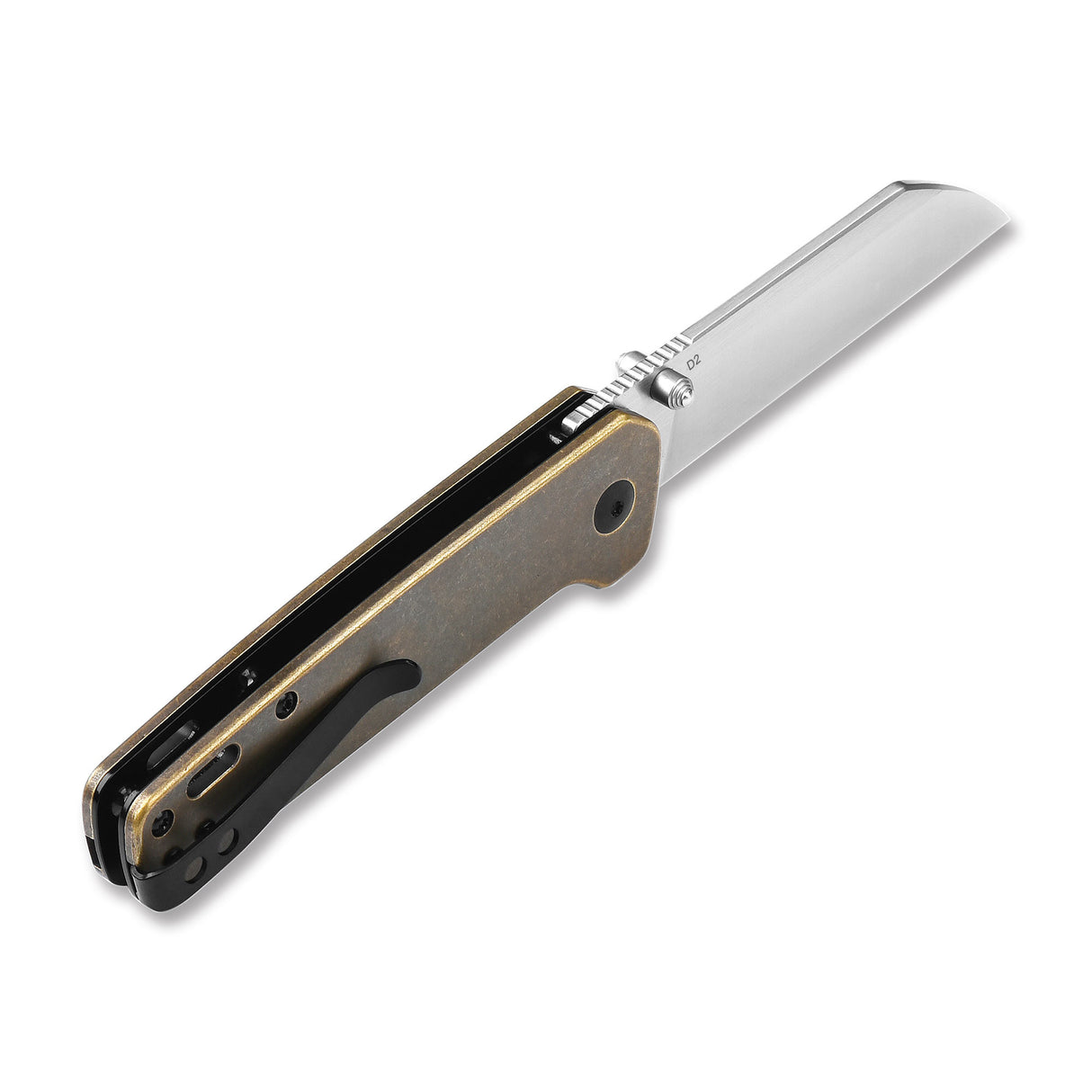 Side profile of QSP Penguin pocket knife with brass handle and D2 sheepsfoot blade