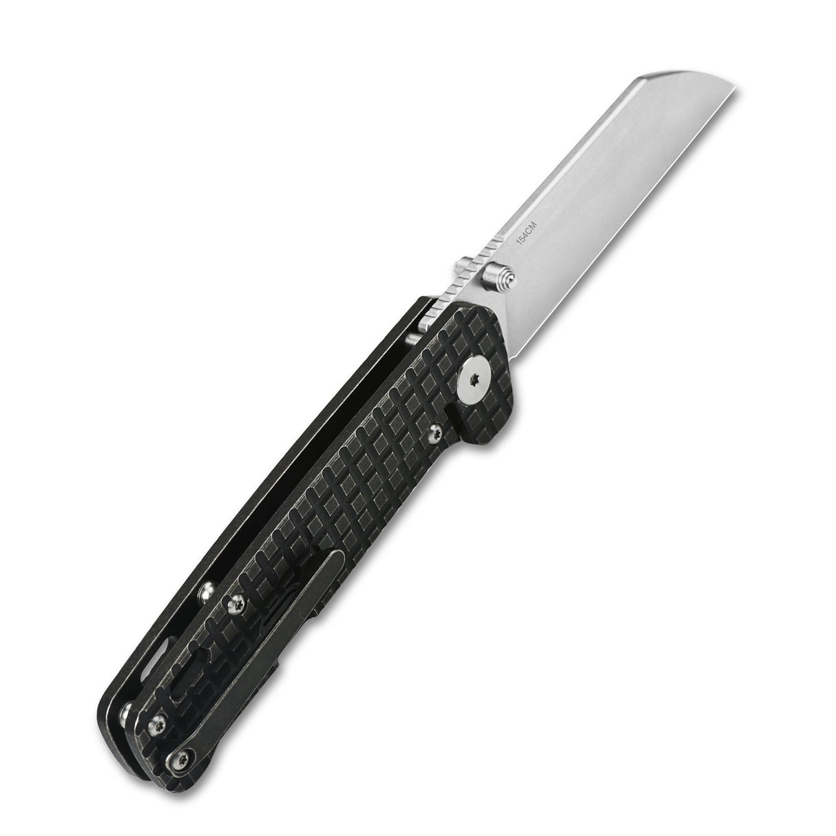 Closed QSP Penguin pocket knife featuring black titanium handle and shiny 154CM blade.