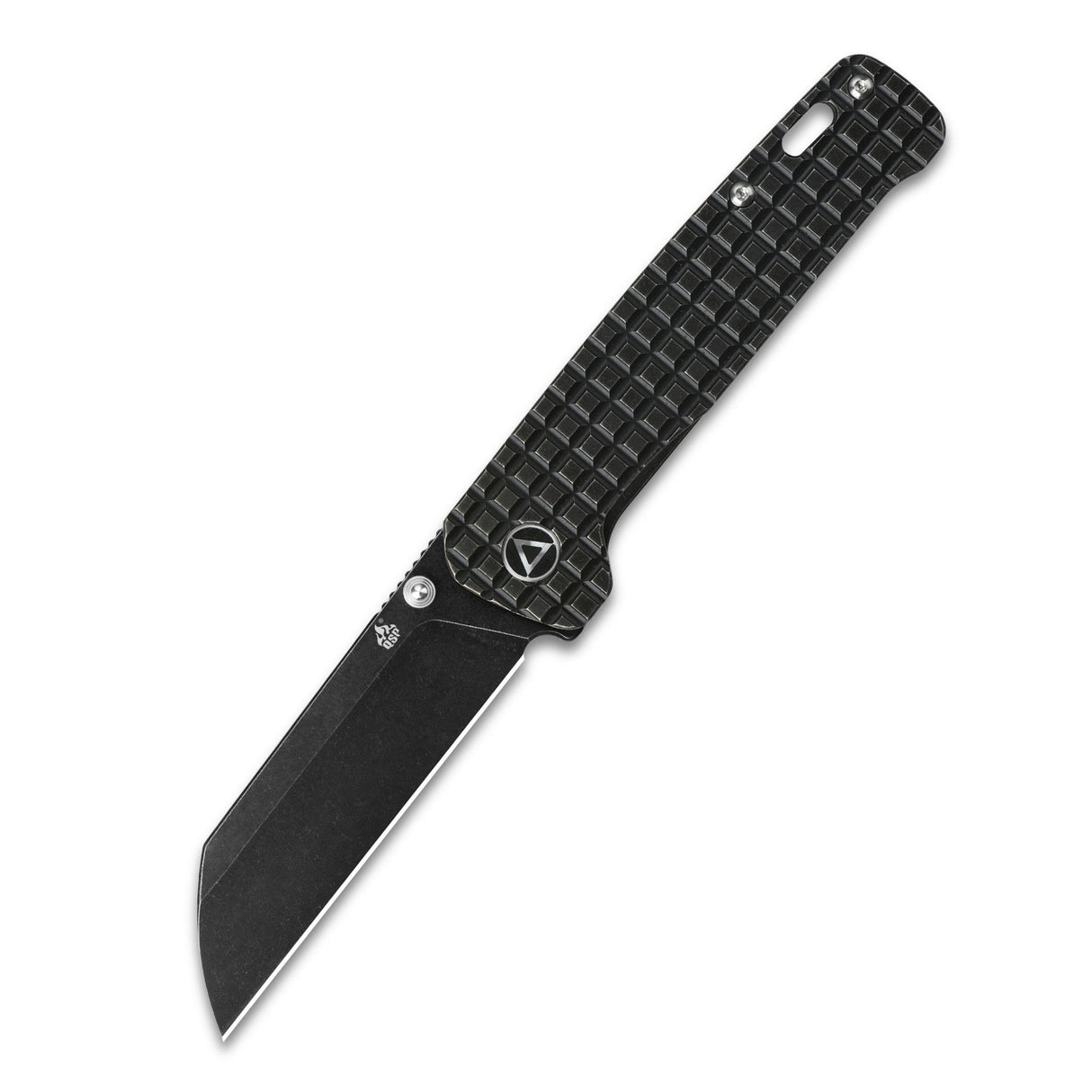 QSP Penguin pocket knife open, 154CM blade, textured black titanium handle