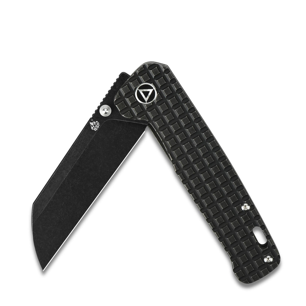 QSP Penguin pocket knife with black textured titanium handle and sheepsfoot blade open
