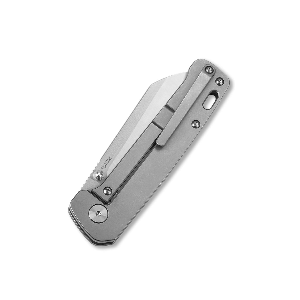 Sleek QSP Penguin pocket knife with a titanium handle and closed 154CM blade.