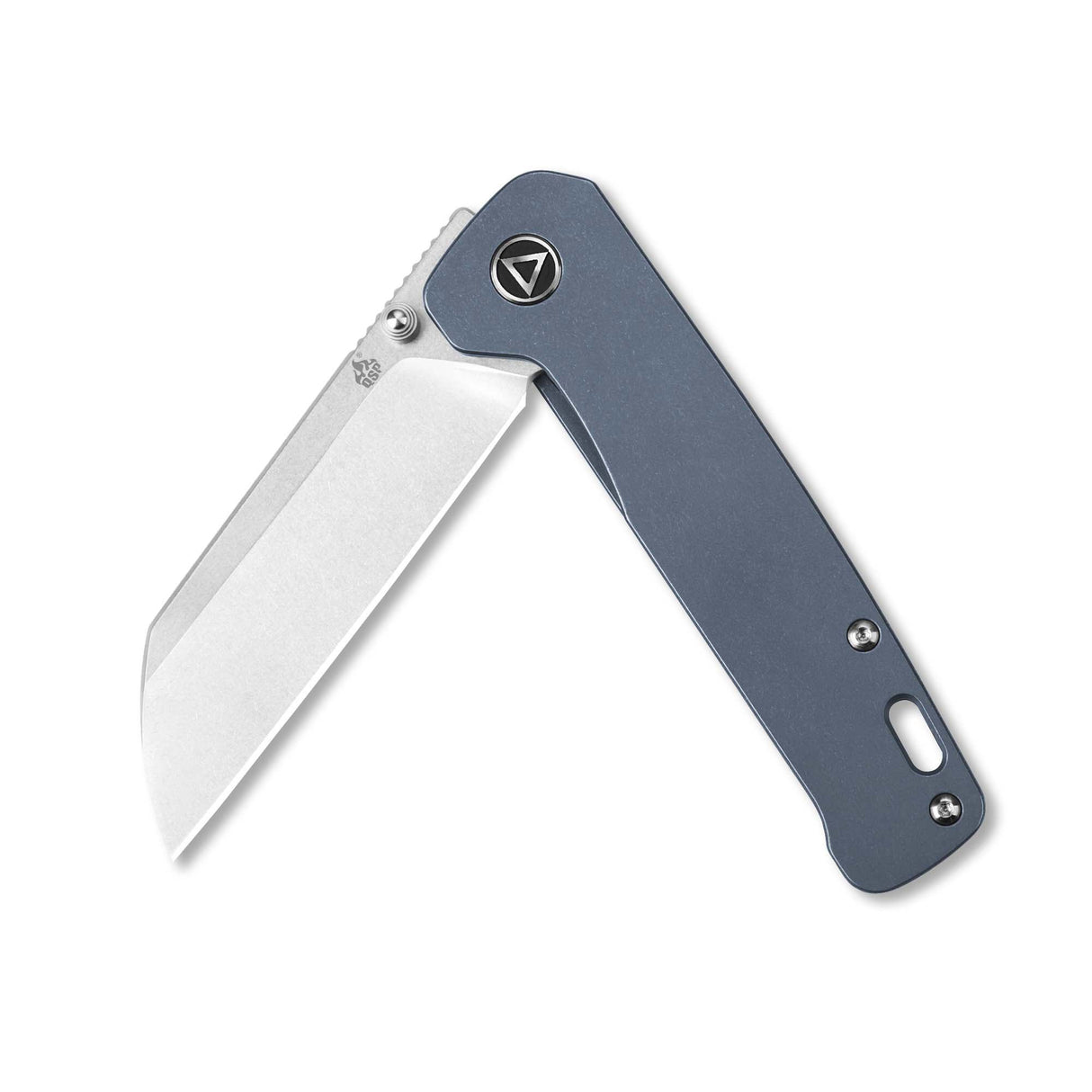Profile view of QSP Penguin pocket knife with 154CM blade, blue titanium handle.