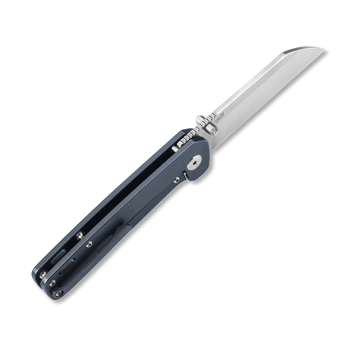 Side view of QSP Penguin pocket knife with 154CM blade and blue handle
