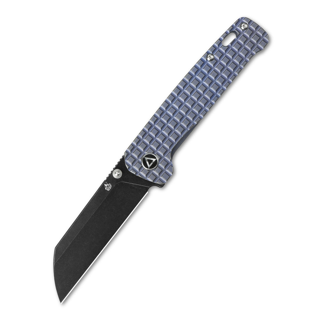 QSP Penguin pocket knife with blue textured titanium handle and black 154CM blade.